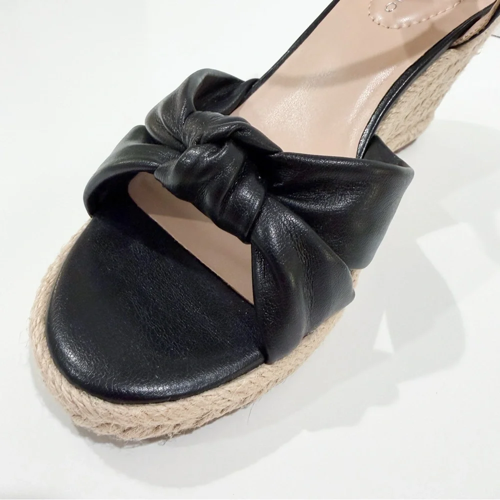 Bandolino Justyne Espadrille Wedge Sandal Knot Ankle Strap Jute Heel Black 5 NEW